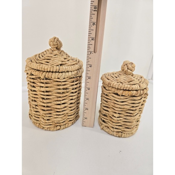 Boho Rattan Storage Basket Trio with Lids Woven Wicker Organizer Set - Picture 3 of 6